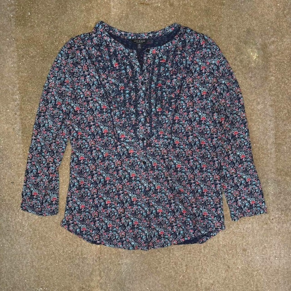 Lucky Brand Women Small Navy Blue Floral Eyelet Lace Henley Peasant Blouse Top